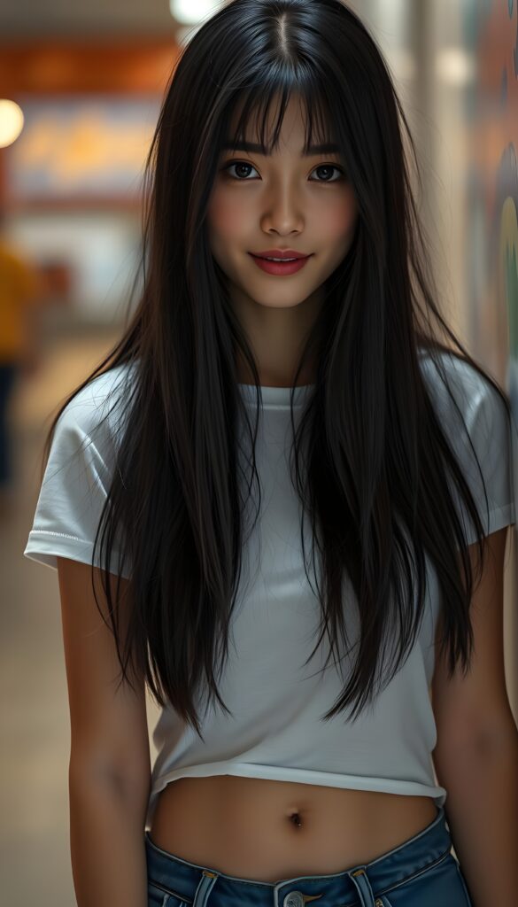 detailed an realistic (((black and white photo))): a girl with ((long, straight black hair)) and ((dark, realistically beautiful eyes)), dressed in a ((blue short tight jeans)) and a ((white, short, plain tight t-shirt)), with a ((realistically beautiful smile)), belly button.