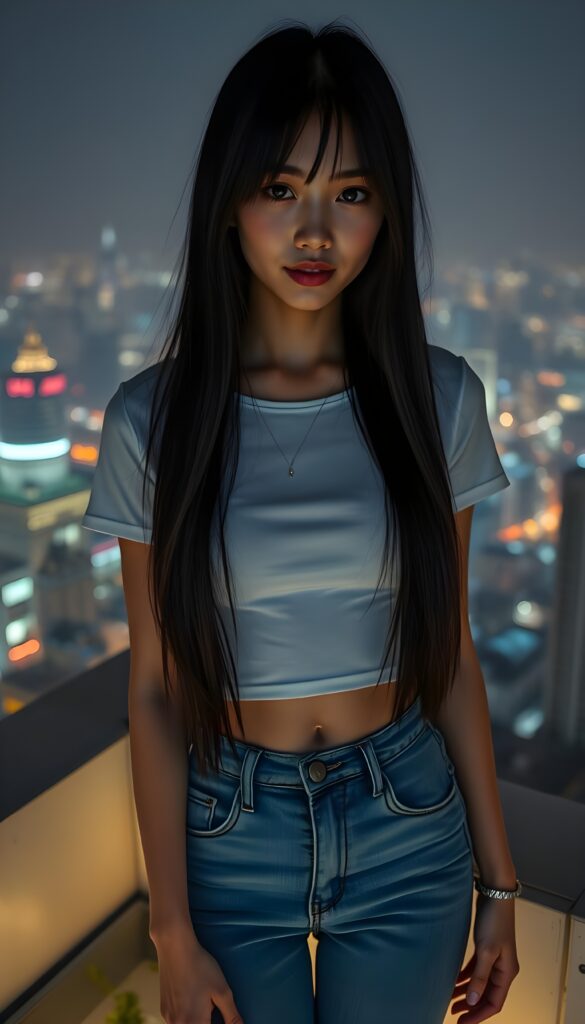 detailed an realistic photo: a girl with ((long, straight black hair)) and ((dark, realistically beautiful eyes)), dressed in a ((blue short tight jeans)) and a ((white, short, plain tight t-shirt)), with a ((realistically beautiful smile)), belly button, in the backdrop is a skyline by night, she is standing on a rooftop terrace high above the city.