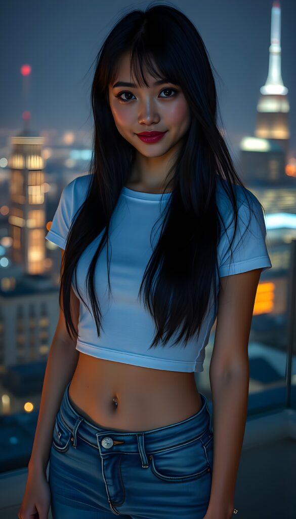 detailed an realistic photo: a girl with ((long, straight black hair)) and ((dark, realistically beautiful eyes)), dressed in a ((blue short tight jeans)) and a ((white, short, plain tight t-shirt)), with a ((realistically beautiful smile)), belly button, in the backdrop is a skyline by night, she is standing on a rooftop terrace high above the city.