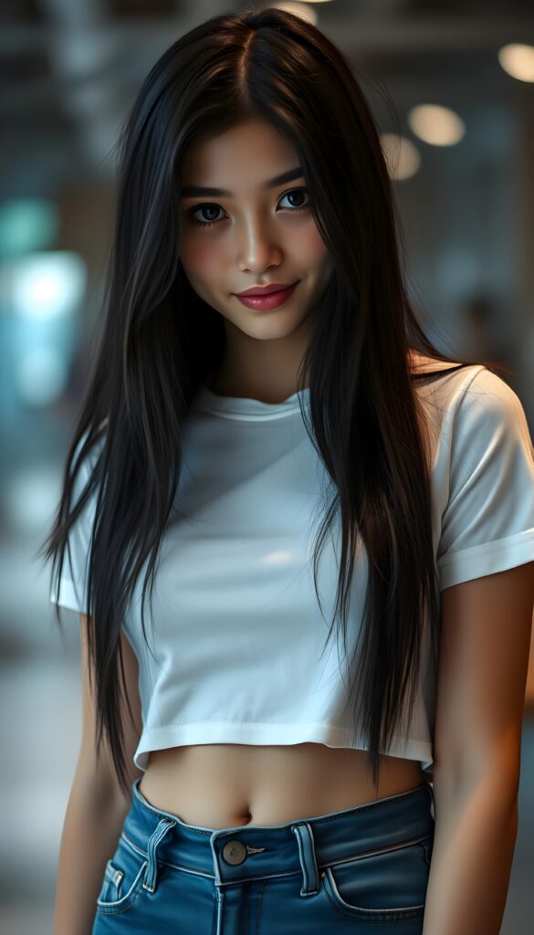 detailed an realistic (((black and white photo))): a girl with ((long, straight black hair)) and ((dark, realistically beautiful eyes)), dressed in a ((blue short tight jeans)) and a ((white, short, plain tight t-shirt)), with a ((realistically beautiful smile)), belly button.