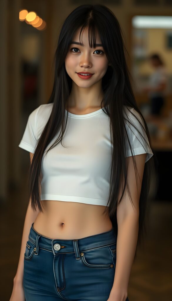 detailed an realistic (((black and white photo))): a girl with ((long, straight black hair)) and ((dark, realistically beautiful eyes)), dressed in a ((blue short tight jeans)) and a ((white, short, plain tight t-shirt)), with a ((realistically beautiful smile)), belly button.