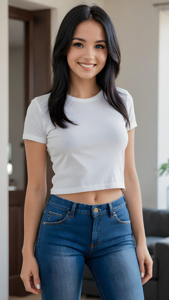 detailed an realistic photo from a girl with ((long, straight black hair)) and ((dark, realistically beautiful eyes)), dressed in a ((blue short tight jeans)) and a ((white, short, plain tight t-shirt)), with a ((realistically beautiful smile))