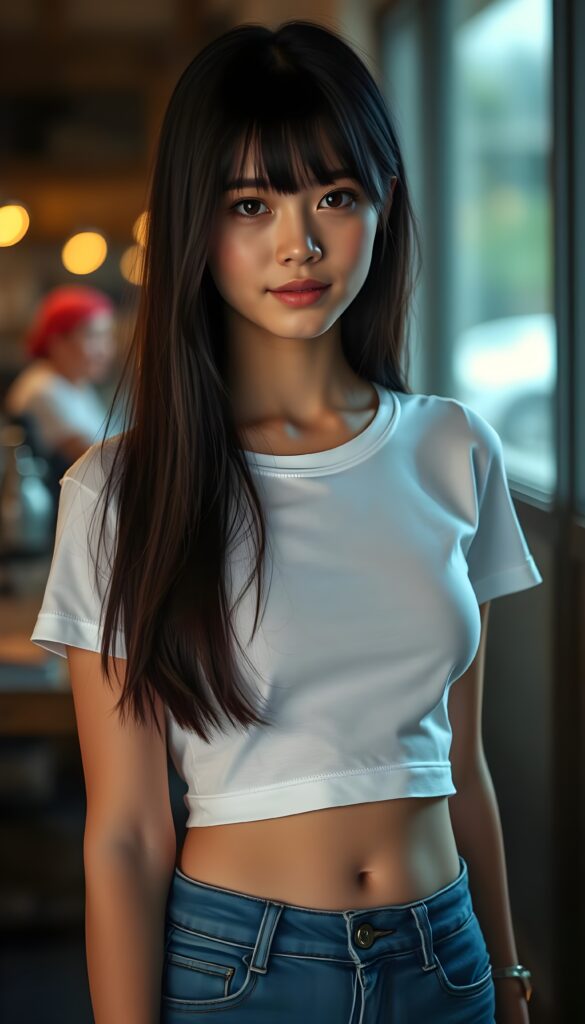 detailed an realistic (((black and white photo))): a girl with ((long, straight black hair)) and ((dark, realistically beautiful eyes)), dressed in a ((blue short tight jeans)) and a ((white, short, plain tight t-shirt)), with a ((realistically beautiful smile)), belly button.