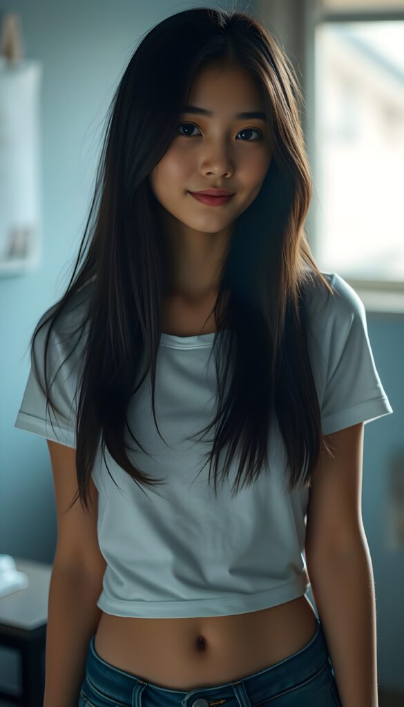 detailed an realistic (((black and white photo))): a girl with ((long, straight black hair)) and ((dark, realistically beautiful eyes)), dressed in a ((blue short tight jeans)) and a ((white, short, plain tight t-shirt)), with a ((realistically beautiful smile)), belly button.