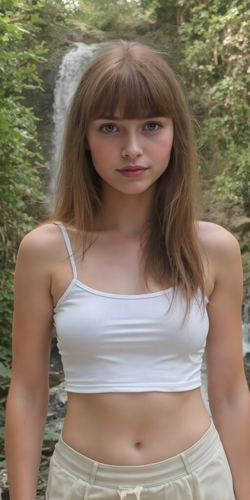 ((detailed and realistic photo)) from a cute young busty teen girl with long jet soft red hair, bangs cut frame her perfect round face, accentuating her ((belly button)) with a (white cropped sport spaghetti tank top) made of fine wool, ((short, leggins pants, cut to frame her shape)), all against a natural green backdrop in the jungle, waterfall