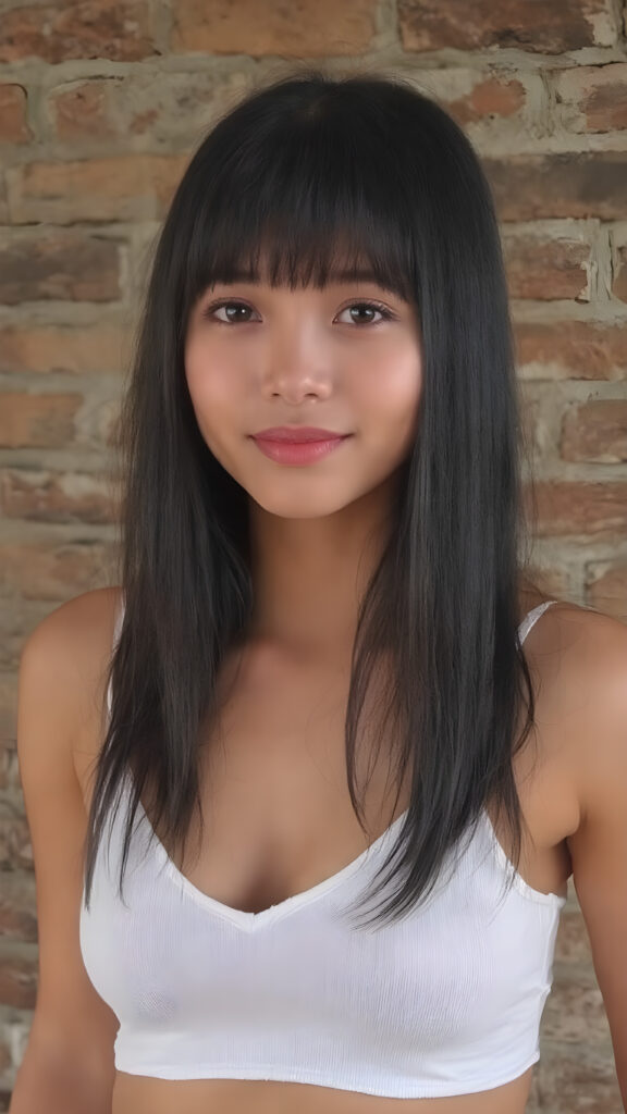 ((detailed and realistic photo)) from a cute young Asian teen girl with (jet, soft, straight hair, her hair falls elegantly over her upper body), bangs cut frame her perfect round face, accentuating her ((belly button)) with a (white cropped spaghetti tank top, deep v-neck), ((she stands in front of a realistic wall made of bricks)), side view, warm smile, seductive, perfect curved body