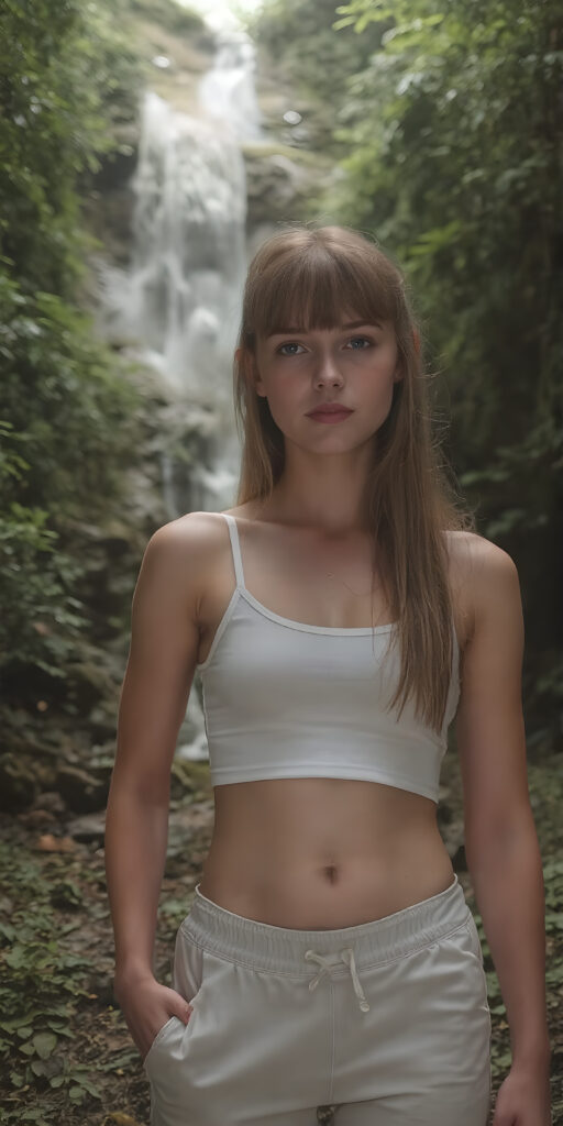 ((detailed and realistic photo)) from a cute young busty teen girl with long jet soft red hair, bangs cut frame her perfect round face, accentuating her ((belly button)) with a (white cropped sport spaghetti tank top) made of fine wool, ((short, leggins pants, cut to frame her shape)), all against a natural green backdrop in the jungle, waterfall