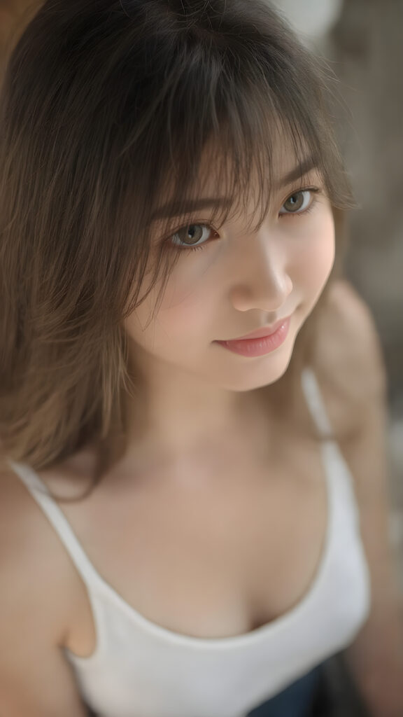 ((detailed and realistic photo)) from a cute young Asian teen girl with (jet, soft, straight very long hair, her hair falls elegantly over her upper body), bangs cut frame her perfect detailed and realistic round face, super realistic eyes, with a (white cropped spaghetti tank top, deep v-neck), she looks up to the viewer, warm smile, seductive, perfect curved body