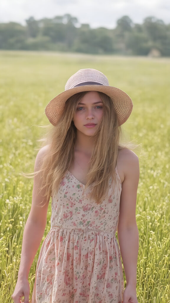 ((detailed and realistic, a cute adult girl, floral short sommer dress in a sunny green field, straw hat, long golden hair)), painted
