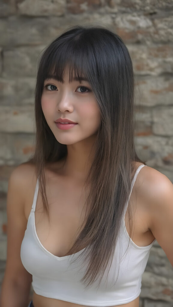 ((detailed and realistic photo)) from a cute young Asian teen girl with (jet, soft, straight hair, her hair falls elegantly over her upper body), bangs cut frame her perfect round face, accentuating her ((belly button)) with a (white cropped spaghetti tank top, deep v-neck), ((she stands in front of a realistic wall made of bricks)), side view, warm smile, seductive, perfect curved body