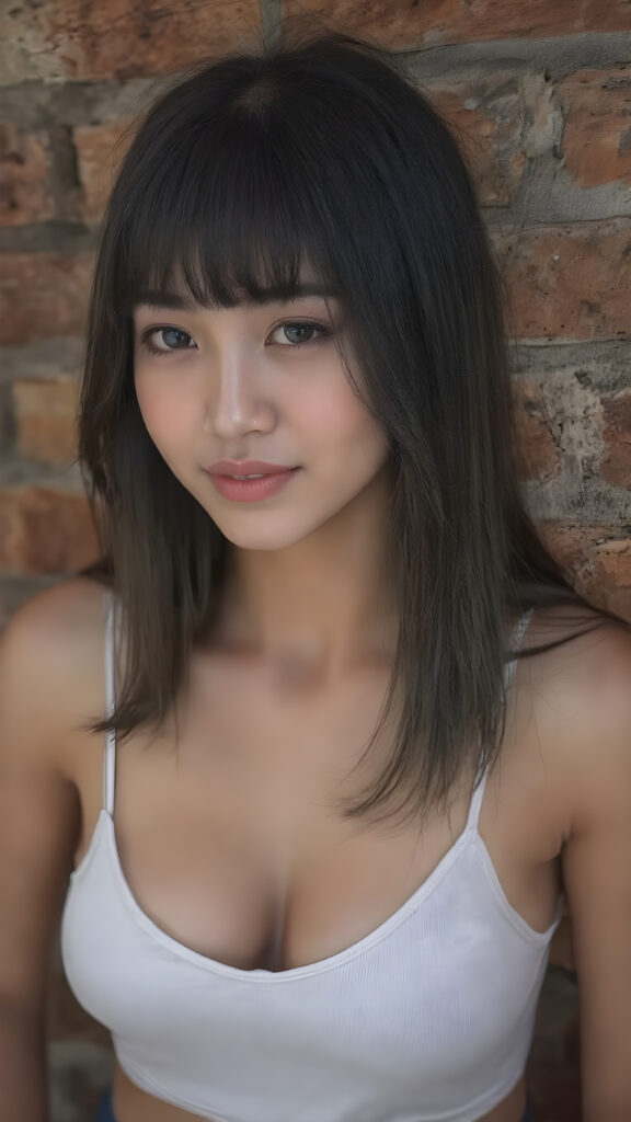 ((detailed and realistic photo)) from a cute young Asian teen girl with (jet, soft, straight hair, her hair falls elegantly over her upper body), bangs cut frame her perfect round face, accentuating her ((belly button)) with a (white cropped spaghetti tank top, deep v-neck), ((she stands in front of a realistic wall made of bricks)), side view, warm smile, seductive, perfect curved body
