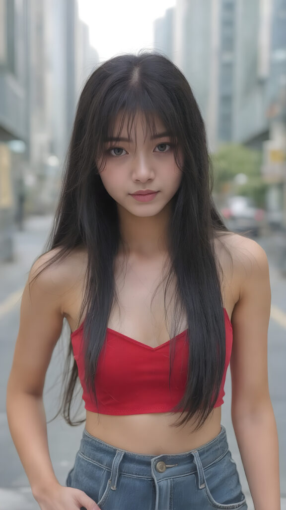 ((detailed and realistic photo)) from a cute young Korean girl with long jet soft black hair, accentuating her ((belly button)) with a (red cropped spaghetti tank top, deep v-neck), ((short jeans pants)), all against a backdrop in a big city