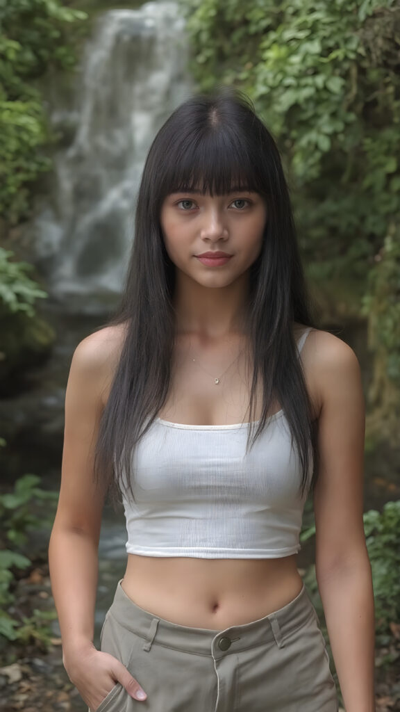 ((detailed and realistic photo)) from a cute young busty Filipino girl with long jet soft black hair, bangs cut frame her perfect round face, accentuating her ((belly button)) with a (white cropped spaghetti tank top) made of fine wool, ((short, leggins pants, cut to frame her shape)), all against a natural green backdrop in jungle, waterfall