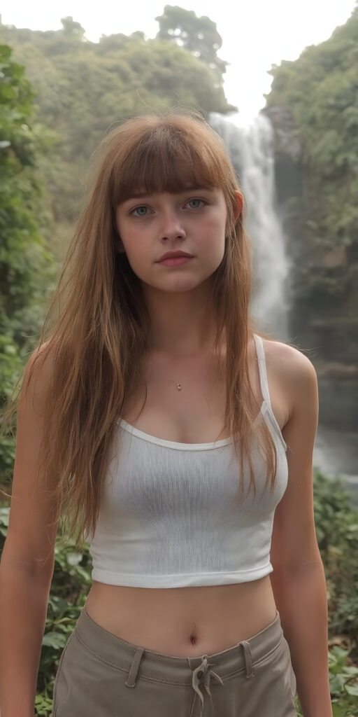 ((detailed and realistic photo)) from a cute young busty teen girl with long jet soft red hair, bangs cut frame her perfect round face, accentuating her ((belly button)) with a (white cropped sport spaghetti tank top) made of fine wool, ((short, leggins pants, cut to frame her shape)), all against a natural green backdrop in the jungle and a huge waterfall