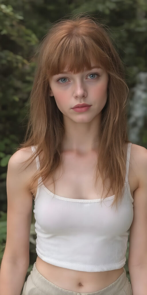 ((detailed and realistic photo)) from a cute young busty teen girl with long jet soft red hair, bangs cut frame her perfect round face, accentuating her ((belly button)) with a (white cropped sport spaghetti tank top) made of fine wool, ((short, leggins pants, cut to frame her shape)), all against a natural green backdrop in the jungle, waterfall