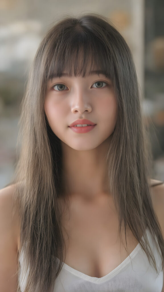((detailed and realistic photo)) from a cute young Asian teen girl with (jet, soft, straight very long hair, her hair falls elegantly over her upper body), bangs cut frame her perfect detailed and realistic round face, super realistic eyes, with a (white cropped spaghetti tank top, deep v-neck), she looks up to the viewer, warm smile, seductive, perfect curved body