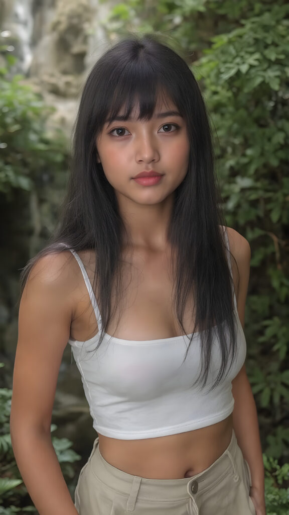 ((detailed and realistic photo)) from a cute young busty Filipino girl with long jet soft black hair, bangs cut frame her perfect round face, accentuating her ((belly button)) with a (white cropped spaghetti tank top) made of fine wool, ((short, leggins pants, cut to frame her shape)), all against a natural green backdrop in jungle, waterfall