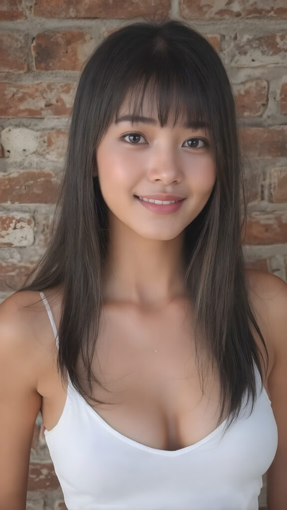 ((detailed and realistic photo)) from a cute young Asian teen girl with (jet, soft, straight hair, her hair falls elegantly over her upper body), bangs cut frame her perfect round face, accentuating her ((belly button)) with a (white cropped spaghetti tank top, deep v-neck), ((she stands in front of a realistic wall made of bricks)), side view, warm smile, seductive, perfect curved body