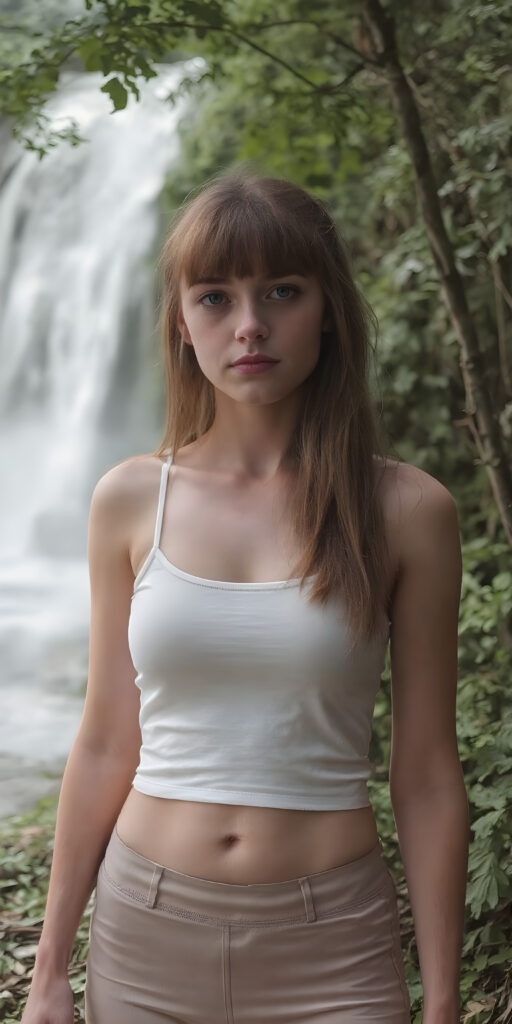 ((detailed and realistic photo)) from a cute young busty teen girl with long jet soft red hair, bangs cut frame her perfect round face, accentuating her ((belly button)) with a (white cropped sport spaghetti tank top) made of fine wool, ((short, leggins pants, cut to frame her shape)), all against a natural green backdrop in the jungle and a huge waterfall