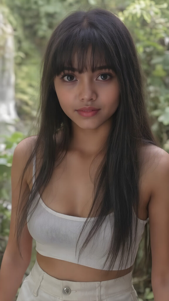 ((detailed and realistic photo)) from a cute young busty Filipino girl with long jet soft black hair, bangs cut frame her perfect round face, accentuating her ((belly button)) with a (white cropped spaghetti tank top) made of fine wool, ((short, leggins pants, cut to frame her shape)), all against a natural green backdrop in jungle, waterfall