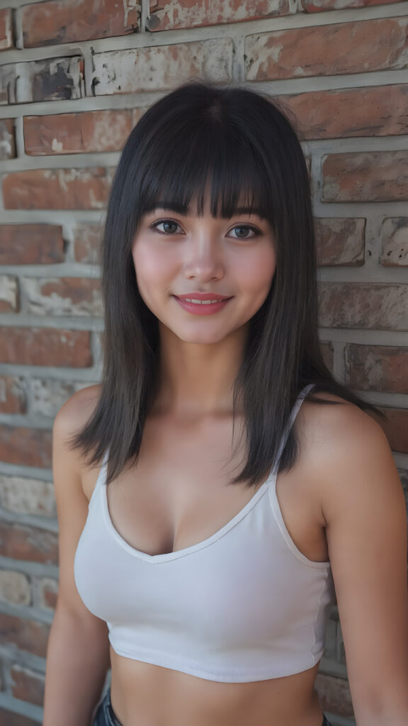 ((detailed and realistic photo)) from a cute young Asian teen girl with (jet, soft, straight hair, her hair falls elegantly over her upper body), bangs cut frame her perfect round face, accentuating her ((belly button)) with a (white cropped spaghetti tank top, deep v-neck), ((she stands in front of a realistic wall made of bricks)), side view, warm smile, seductive, perfect curved body