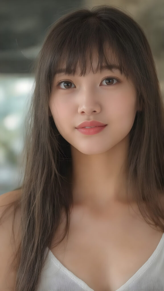((detailed and realistic photo)) from a cute young Asian teen girl with (jet, soft, straight very long hair, her hair falls elegantly over her upper body), bangs cut frame her perfect detailed and realistic round face, super realistic eyes, with a (white cropped spaghetti tank top, deep v-neck), she looks up to the viewer, warm smile, seductive, perfect curved body
