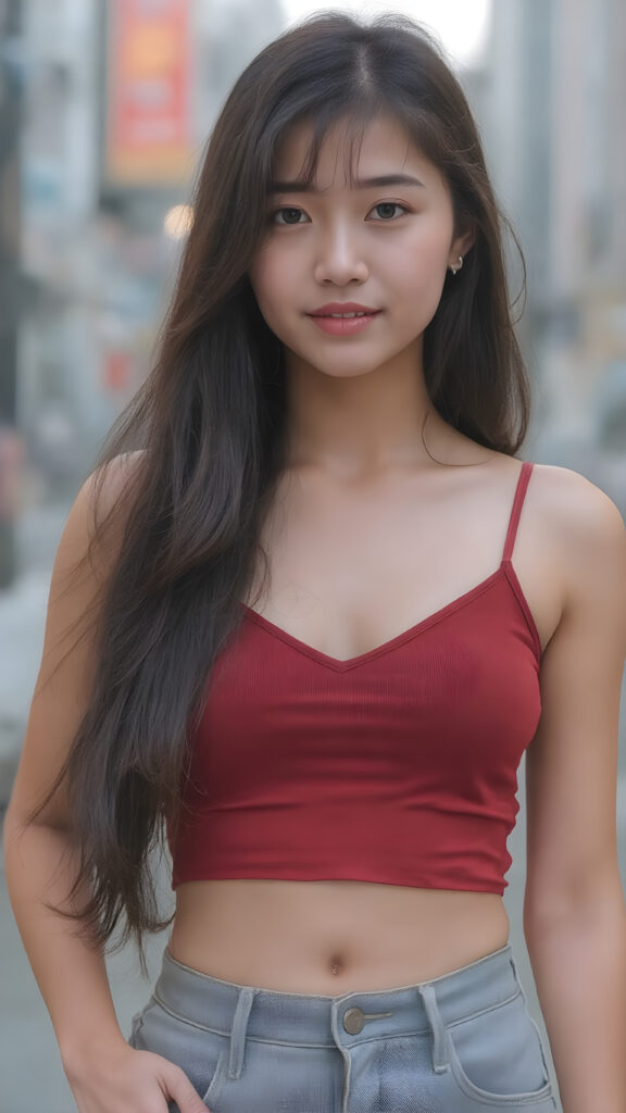 ((detailed and realistic photo)) from a cute young Korean girl with long jet soft black hair, accentuating her ((belly button)) with a (red cropped spaghetti tank top, deep v-neck), ((short jeans pants)), all against a backdrop in a big city