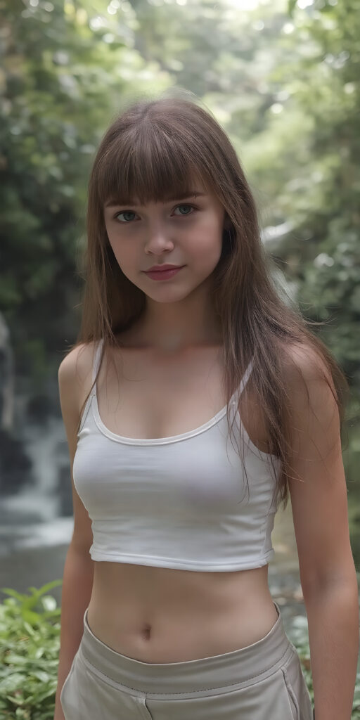 ((detailed and realistic photo)) from a cute young busty teen girl with long jet soft red hair, bangs cut frame her perfect round face, accentuating her ((belly button)) with a (white cropped sport spaghetti tank top) made of fine wool, ((short, leggins pants, cut to frame her shape)), all against a natural green backdrop in the jungle, waterfall