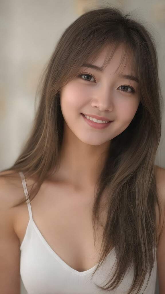 ((detailed and realistic photo)) from a cute young Asian teen girl with (jet, soft, straight very long hair, her hair falls elegantly over her upper body), bangs cut frame her perfect detailed and realistic round face, super realistic eyes, with a (white cropped spaghetti tank top, deep v-neck), she looks up to the viewer, warm smile, seductive, perfect curved body