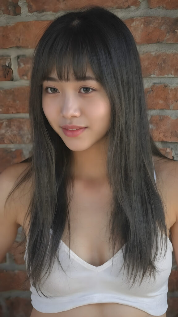 ((detailed and realistic photo)) from a cute young Asian teen girl with (jet, soft, straight hair, her hair falls elegantly over her upper body), bangs cut frame her perfect round face, accentuating her ((belly button)) with a (white cropped spaghetti tank top, deep v-neck), ((she stands in front of a realistic wall made of bricks)), side view, warm smile, seductive, perfect curved body