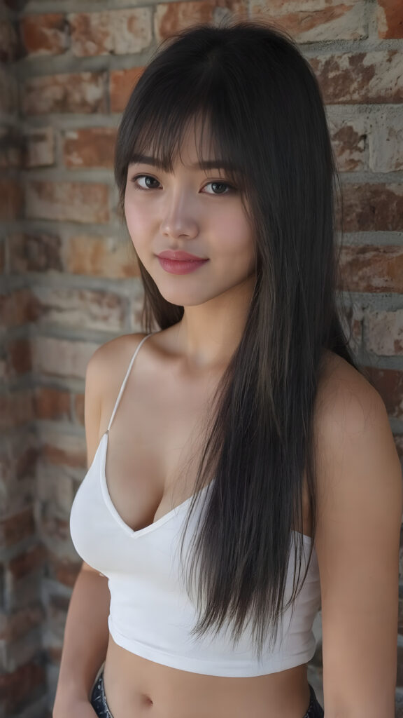 ((detailed and realistic photo)) from a cute young Asian teen girl with (jet, soft, straight hair, her hair falls elegantly over her upper body), bangs cut frame her perfect round face, accentuating her ((belly button)) with a (white cropped spaghetti tank top, deep v-neck), ((she stands in front of a realistic wall made of bricks)), side view, warm smile, seductive, perfect curved body