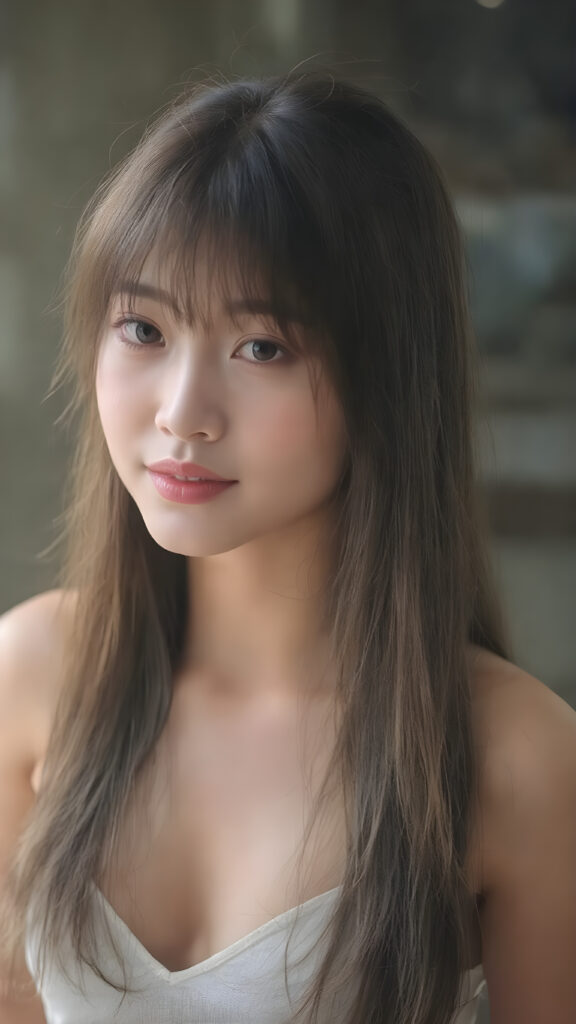 ((detailed and realistic photo)) from a cute young Asian teen girl with (jet, soft, straight very long hair, her hair falls elegantly over her upper body), bangs cut frame her perfect detailed and realistic round face, super realistic eyes, with a (white cropped spaghetti tank top, deep v-neck), she looks up to the viewer, warm smile, seductive, perfect curved body