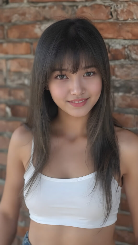 ((detailed and realistic photo)) from a cute young Asian teen girl with (jet, soft, straight hair, her hair falls elegantly over her upper body), bangs cut frame her perfect round face, accentuating her ((belly button)) with a (white cropped spaghetti tank top, deep v-neck), ((she stands in front of a realistic wall made of bricks)), side view, warm smile, seductive, perfect curved body