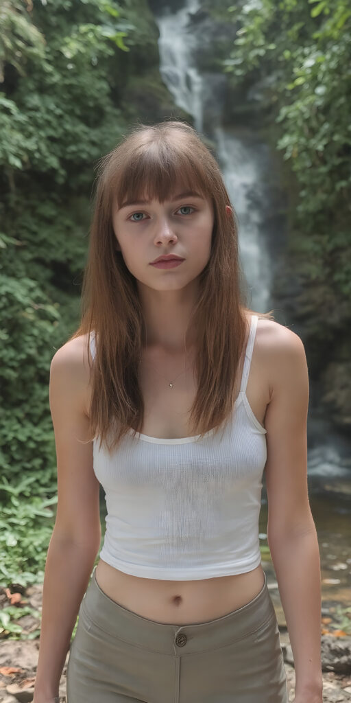 ((detailed and realistic photo)) from a cute young busty teen girl with long jet soft red hair, bangs cut frame her perfect round face, accentuating her ((belly button)) with a (white cropped sport spaghetti tank top) made of fine wool, ((short, leggins pants, cut to frame her shape)), all against a natural green backdrop in the jungle, waterfall