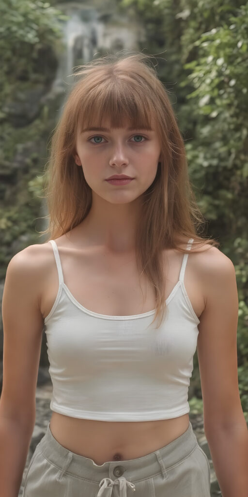 ((detailed and realistic photo)) from a cute young busty teen girl with long jet soft red hair, bangs cut frame her perfect round face, accentuating her ((belly button)) with a (white cropped sport spaghetti tank top) made of fine wool, ((short, leggins pants, cut to frame her shape)), all against a natural green backdrop in the jungle, waterfall