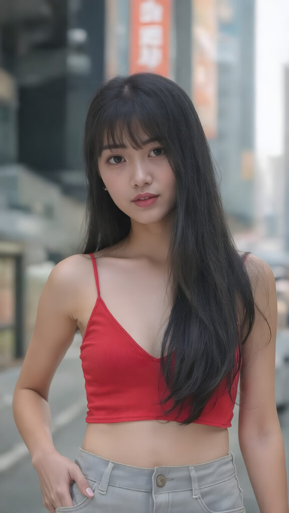 ((detailed and realistic photo)) from a cute young Korean girl with long jet soft black hair, accentuating her ((belly button)) with a (red cropped spaghetti tank top, deep v-neck), ((short jeans pants)), all against a backdrop in a big city