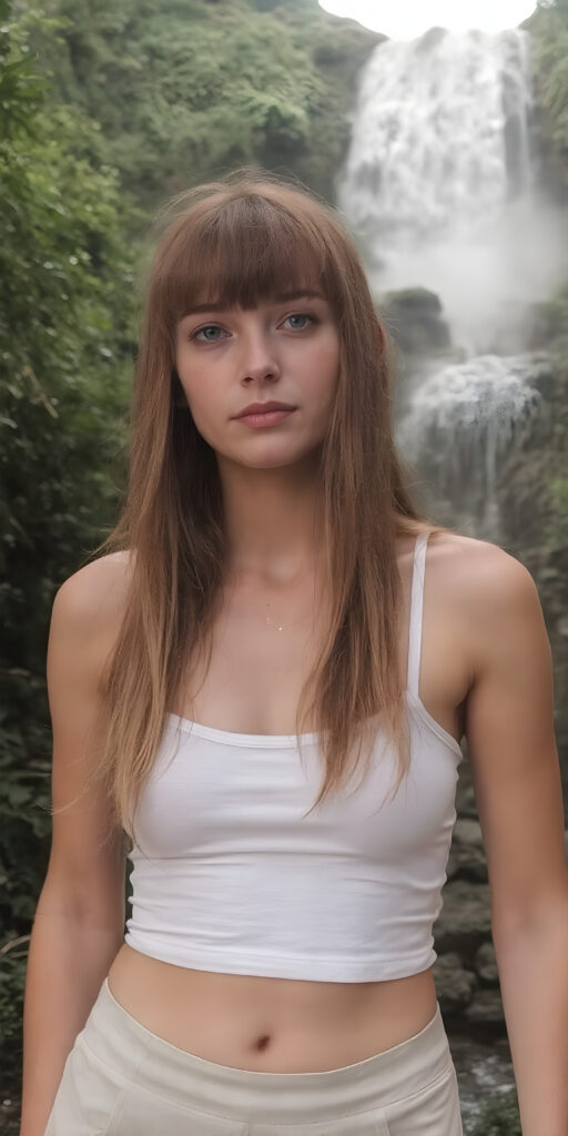 ((detailed and realistic photo)) from a cute young busty teen girl with long jet soft red hair, bangs cut frame her perfect round face, accentuating her ((belly button)) with a (white cropped sport spaghetti tank top) made of fine wool, ((short, leggins pants, cut to frame her shape)), all against a natural green backdrop in the jungle and a huge waterfall