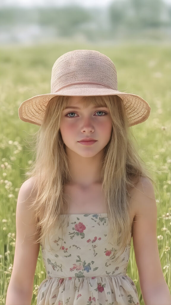 ((detailed and realistic, a cute adult girl, floral short sommer dress in a sunny green field, straw hat, long golden hair)), painted