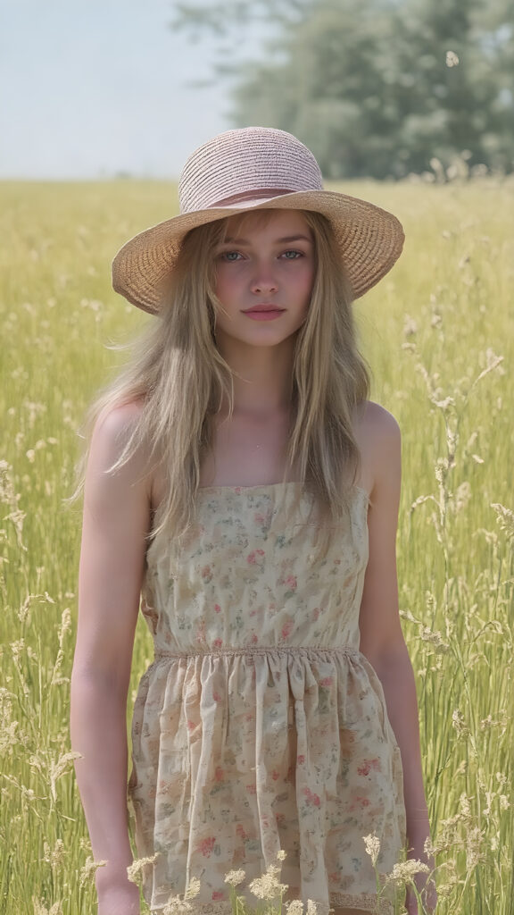 ((detailed and realistic, a cute adult girl, floral short sommer dress in a sunny green field, straw hat, long golden hair)), painted