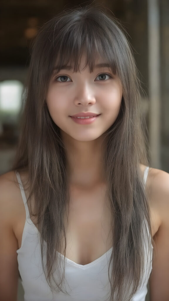 ((detailed and realistic photo)) from a cute young Asian teen girl with (jet, soft, straight very long hair, her hair falls elegantly over her upper body), bangs cut frame her perfect detailed and realistic round face, super realistic eyes, with a (white cropped spaghetti tank top, deep v-neck), she looks up to the viewer, warm smile, seductive, perfect curved body