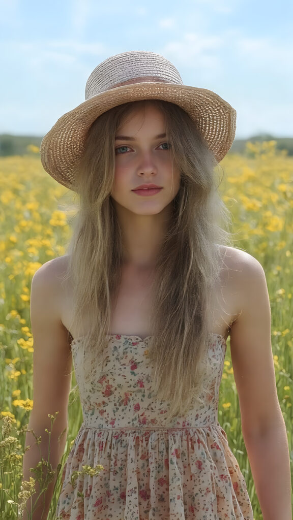 ((detailed and realistic, a cute adult girl, floral short sommer dress in a sunny green field, straw hat, long golden hair)), painted