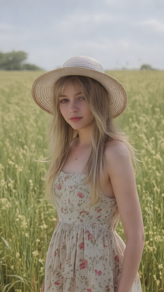 ((detailed and realistic, a cute adult girl, floral short sommer dress in a sunny green field, straw hat, long golden hair)), painted