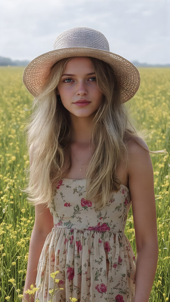 ((detailed and realistic, a cute adult girl, floral short sommer dress in a sunny green field, straw hat, long golden hair)), painted
