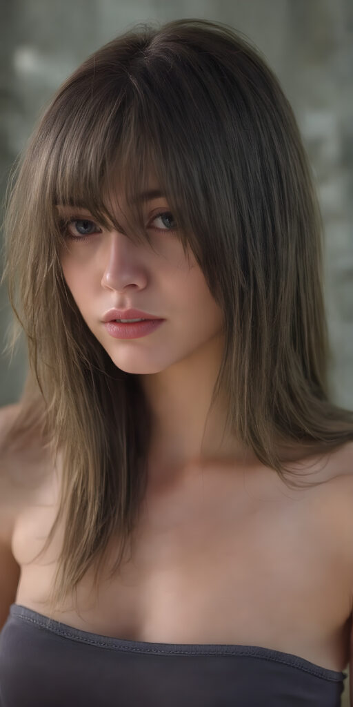 detailed and realistic ((full body image)) of a beautiful young adult tomboy ((girl)) (very long straight jet and soft brown hair) (cropped tank top) (stunning) (gorgeous)