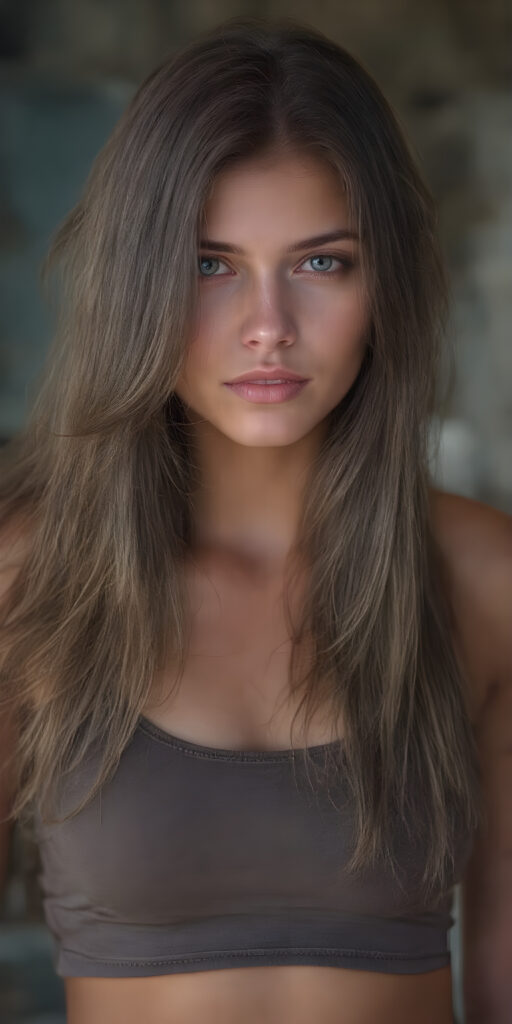 detailed and realistic ((full body image)) of a beautiful young adult tomboy ((girl)) (very long straight jet and soft brown hair) (cropped tank top) (stunning) (gorgeous)