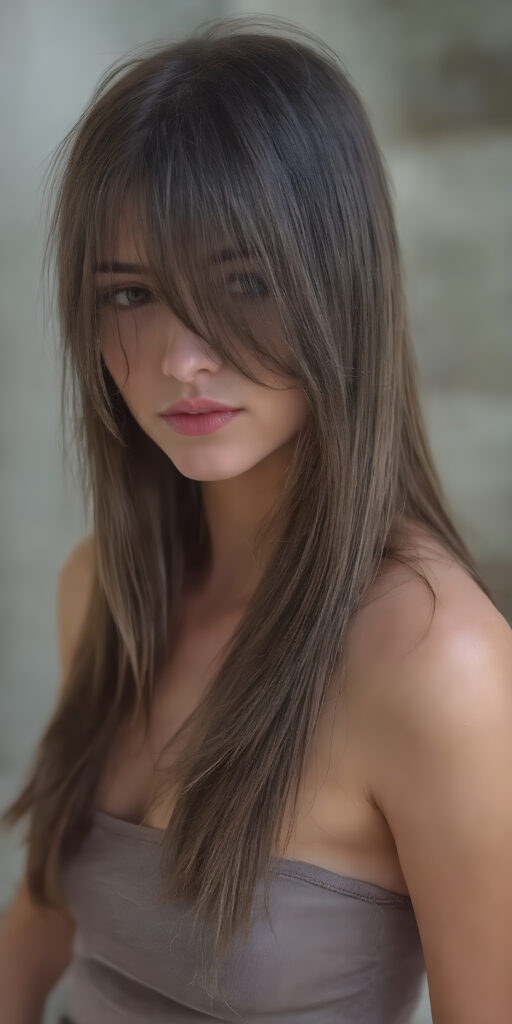 detailed and realistic ((full body image)) of a beautiful young adult tomboy ((girl)) (very long straight jet and soft brown hair) (cropped tank top) (stunning) (gorgeous)