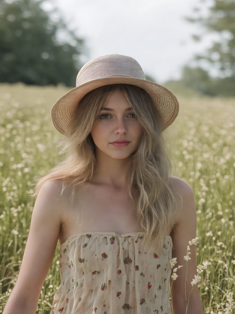 detailed and realistic, a cute adult girl, floral short sommer dress in a sunny green field, straw hat, long golden hair