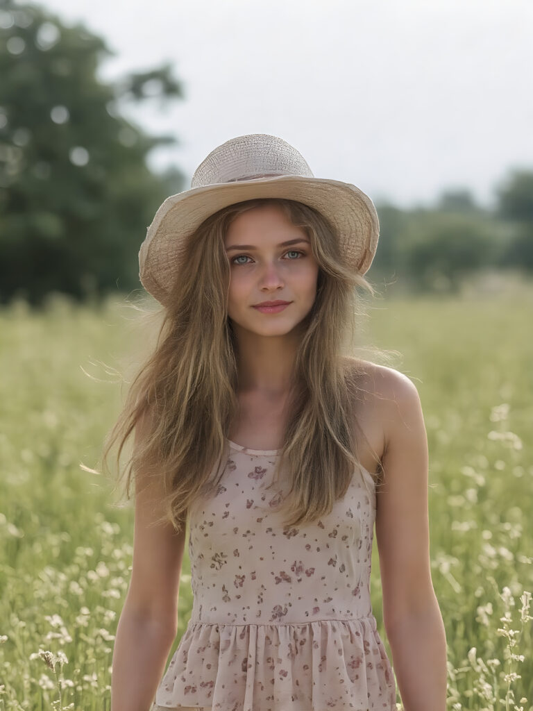 detailed and realistic, a cute adult girl, floral short sommer dress in a sunny green field, straw hat, long golden hair