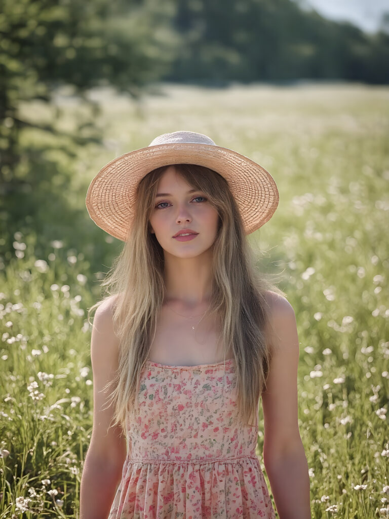 detailed and realistic, a cute adult girl, floral short sommer dress in a sunny green field, straw hat, long golden hair
