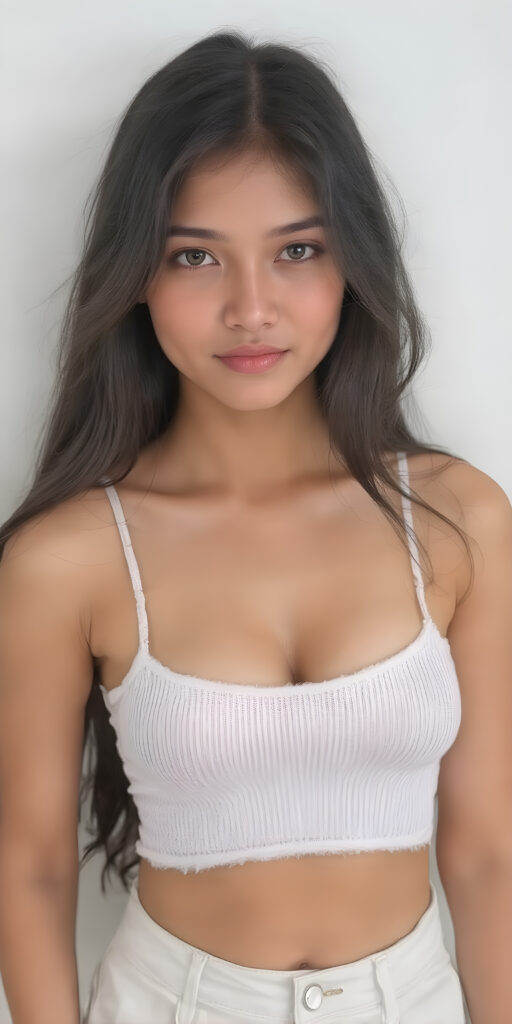 detailed and realistic photo from a cute young busty Filipino girl with long jet black hair, accentuating her (((navel))) with a (white cropped spaghetti tank top) made of fine wool, ((wide, baggy white pants, cut to frame her shape))
